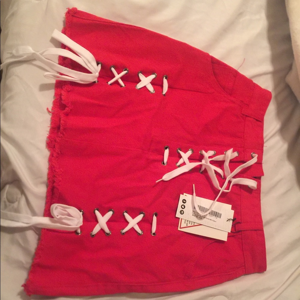 Red denim laced skirt